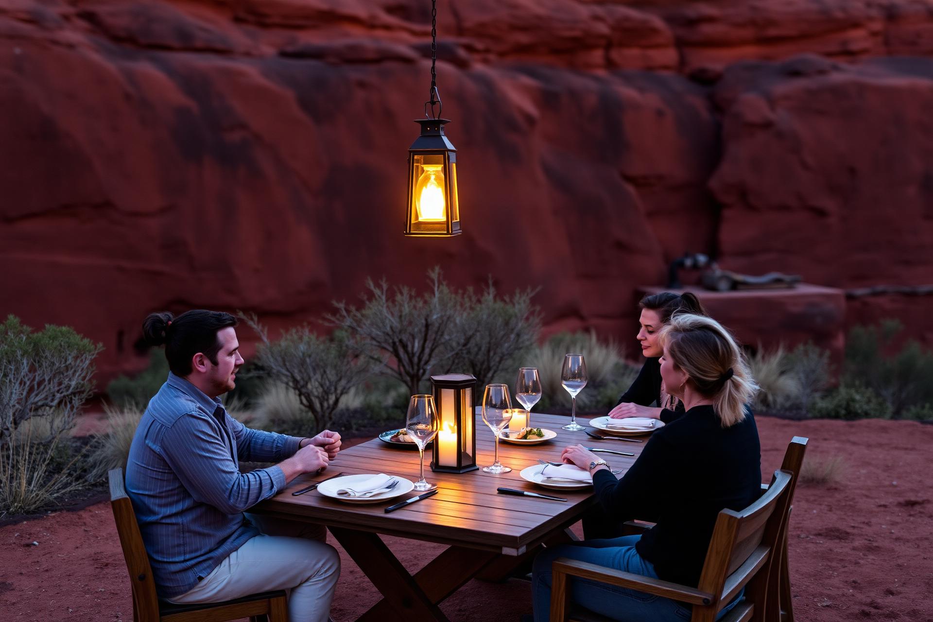 Lantern-lit private dining beneath the stars in the Australian outback